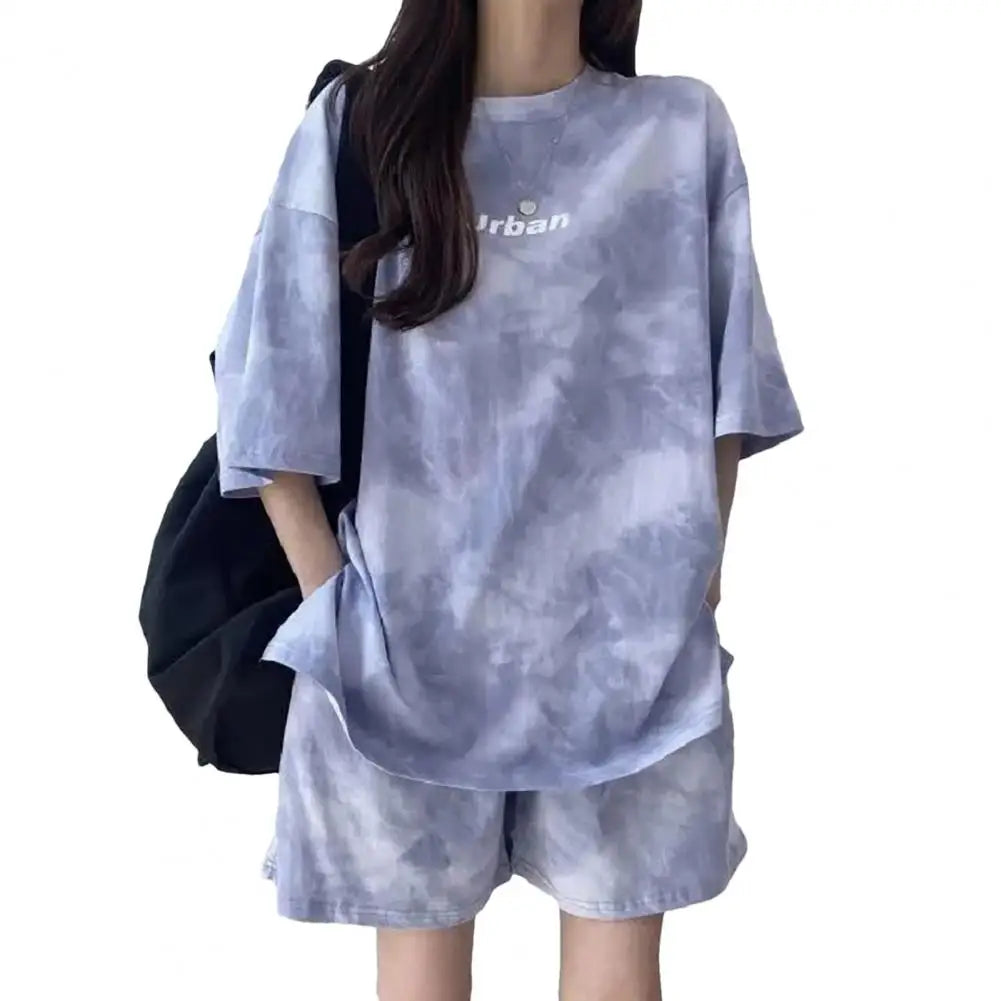 Maxy 2 Piece Suit Women T-Shirt Shorts Set Korean Fashion Tie Dye Loose Short Sleeve T-shirt And Wide Leg Set Students Sports Outfit