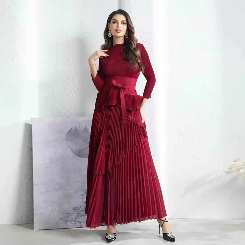 Amay Pleated Irregular Lantern 2 Piece Set Skirt + Long Swing Dress Set Autumn Solid Long Sleeved Lace Up Design Two Piece Set