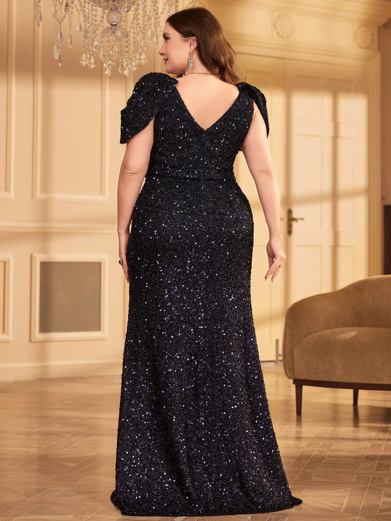 Maxy plus Size V-Neck Short Sleeve Glitter Evening Dress Skirt Sparkling Party Gown for Women