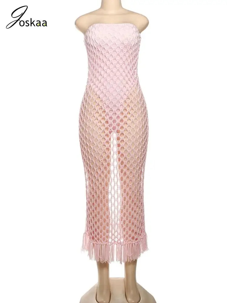 Maxy Joskar Women Summer Beach Style 2 Piece Set Sexy Knit Strapless Tassel Hem Dress+Bodysuit Matching Vacation Clubwear