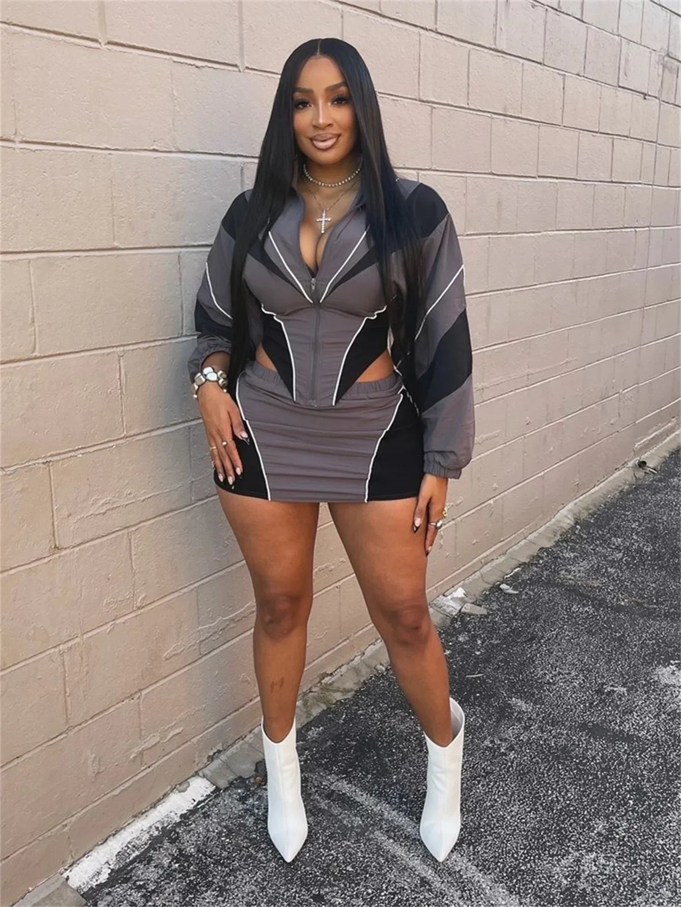 Maxy FAGADOER Color Block Two Piece Set For Women Casual Zip Lantern Sleeve Irregular Crop Jacket + High Waist Skirts Suit Streetwear