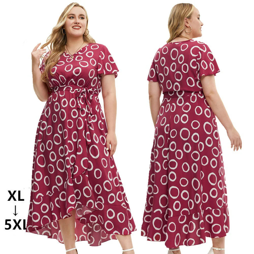 Maxy XL-5XL Summer Short Sleeve Red Print New In Dresses Trend 2025 Plus Size Women's Clothing On Sale Casual Cheap Maxy Dress Ladies