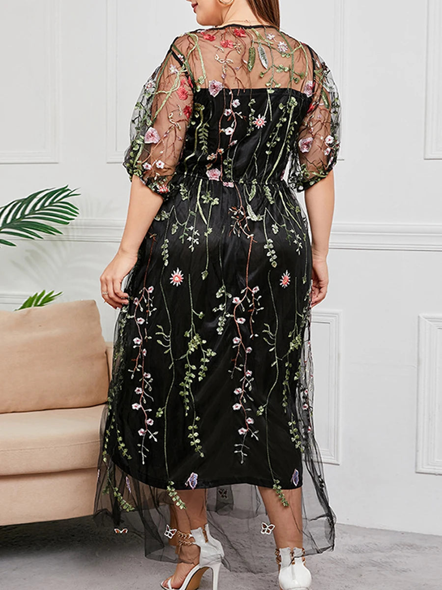 Maxy Women s Lace Dress Off Shoulder Floral Embroidered Short Sleeve V Neck Plus Size Evening Party Elegant Gown