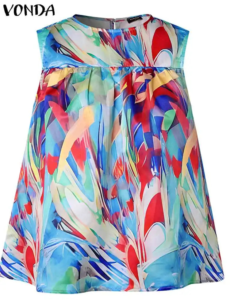 Maxy Plus Size VONDA Women Summer Dress Sets Oversize Sleeveless Tops and Maxy Skirt Bohemian Printed Sets 2PCS Loose Sets