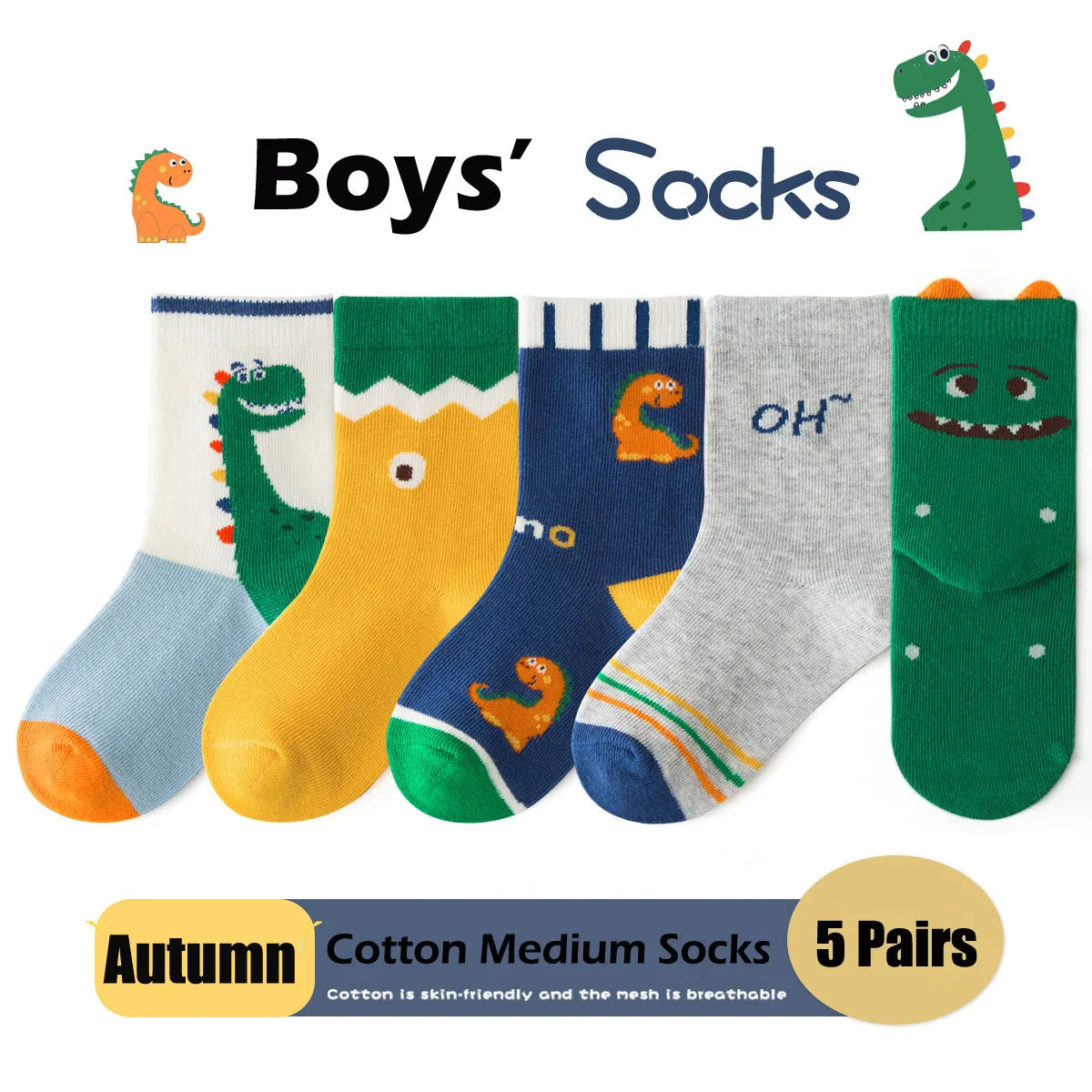 Maxy 5 Pairs Boys Autumn Socks Mid Calf Cotton Socks Smiling Dinosaur Socks Children Medium Socks  A Class Baby Kids Socks