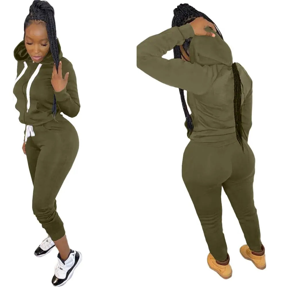 Maxy Fitness Autumn Winter Activewear Two Piece Sets Solid Long Sleeve Drawstring Hodie Sweatshirt Pants Sets Joggers Sport Tracksuit