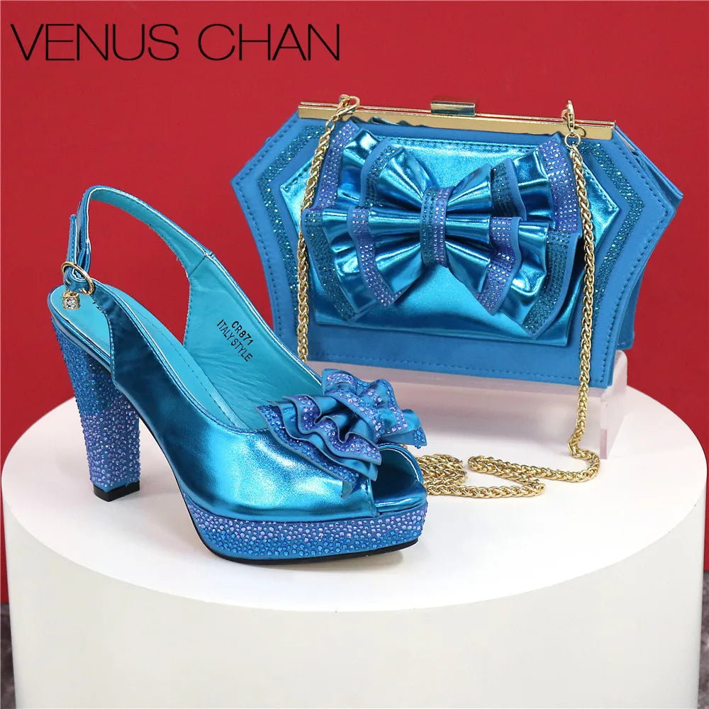 New Designer Specials Maxy Women Heels Shoes and Bag Set Sky Blue Color Comfortable With Rhinestone for Party