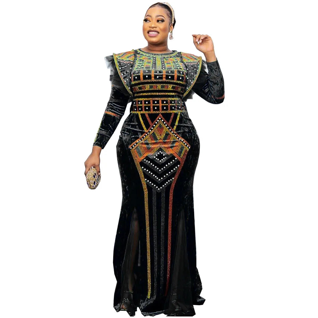 New Winter Women Bazin Rich African Ethnic Printed Rhinestone Dress Autumn Velvet Fashion Exotic Party Maxi Dresses For Women