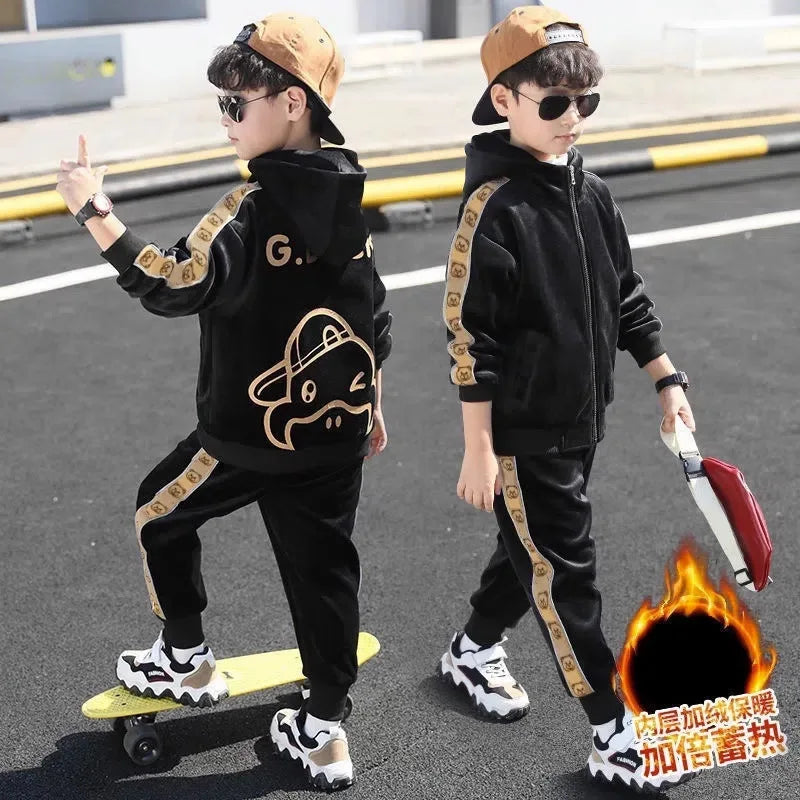 Maxy autumn winter Boy tracksuit Toddler Teenager warm Clothes velvet jacket zipper + Ankle-tied Pant Children set 8 10 12 year