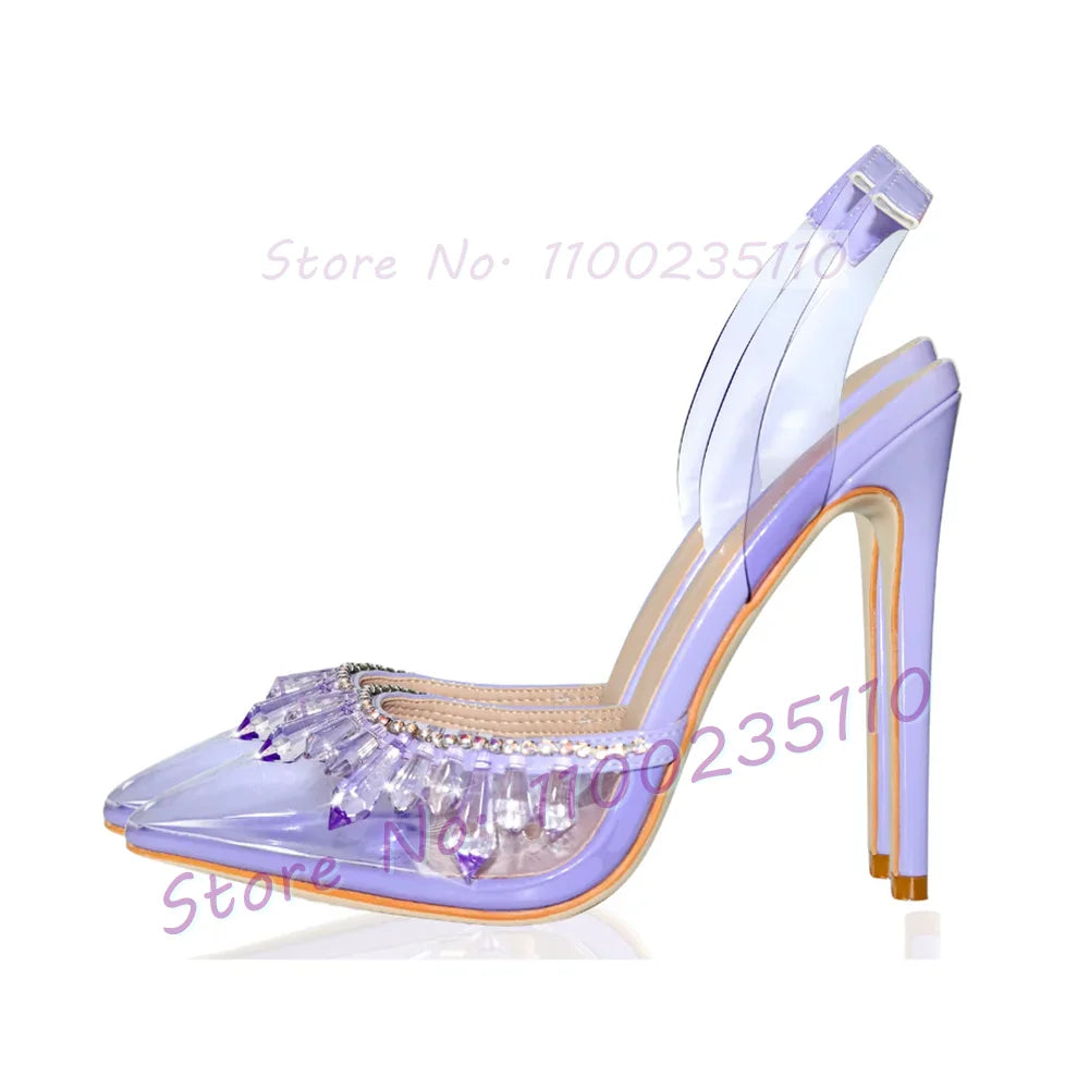 Maxy Blue Crystal Trim Elegant Satin Sandals Women Luxury Back Strap High Heels Party Shoes Ladies Summer Chic Pointy Toe Bling Pumps