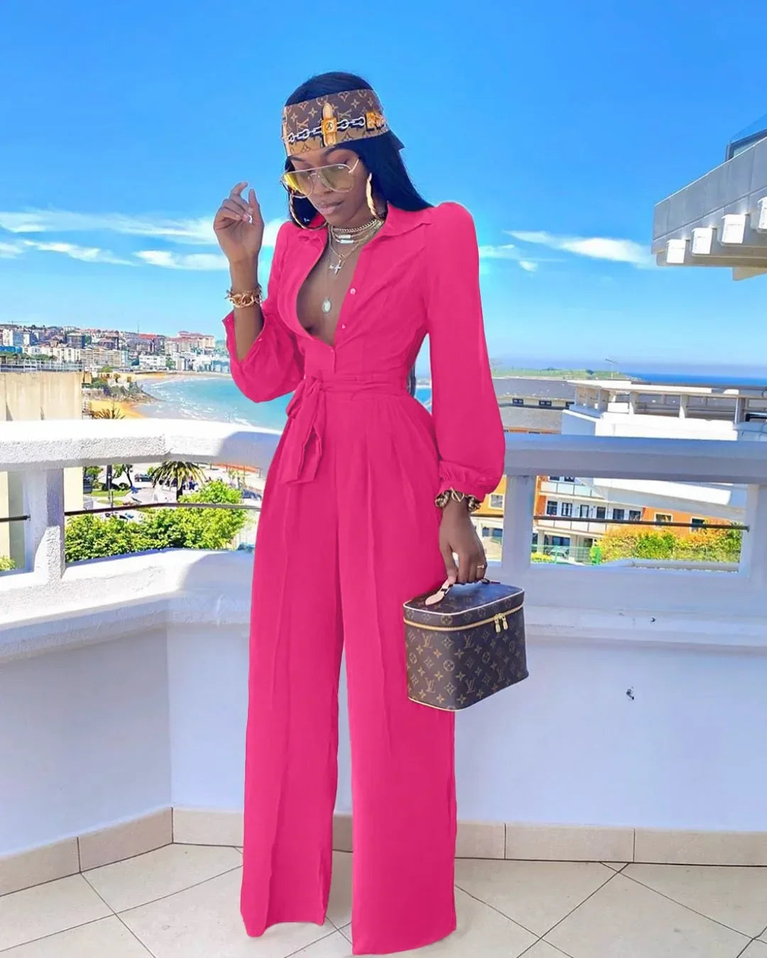 Maxy Summer African Clothes for Women Long Sleeve V-neck Blue Black Orange Party Evening Jumpsuit Dashiki Clothing