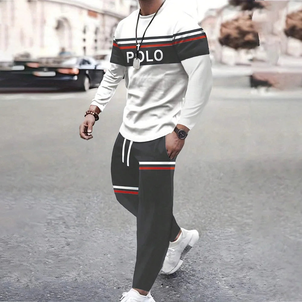 Visco Men's 2 Pieces Tracksuit Set Jogging Suits Casual Stripe Print Long Sleeve T Shirt And Drawstring Waist Pants Sweatsuits