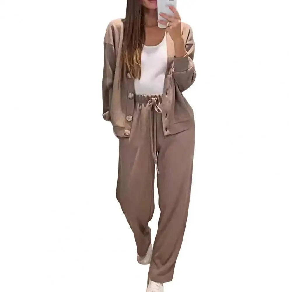 Maxy Elastic Waist Tracksuit Women Casual Two-piece Set Women's V Neck Knitted Shirt Wide Leg Trousers Set Long Sleeves for Casual