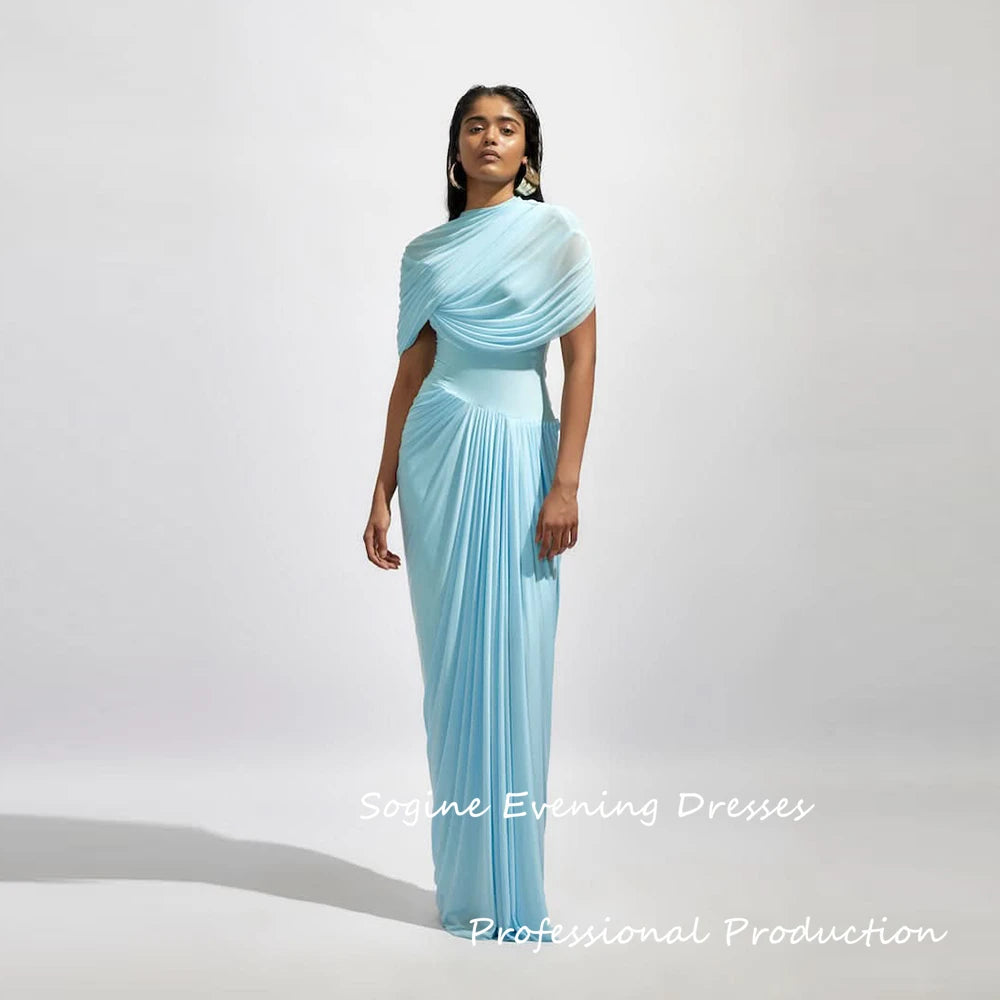 Maxy Sky Blue Evening Dresses Customized Chiffon Sheath/Column Prom Dress High Collar Pleat Cap Sleeve Valentine's Day Long Gown