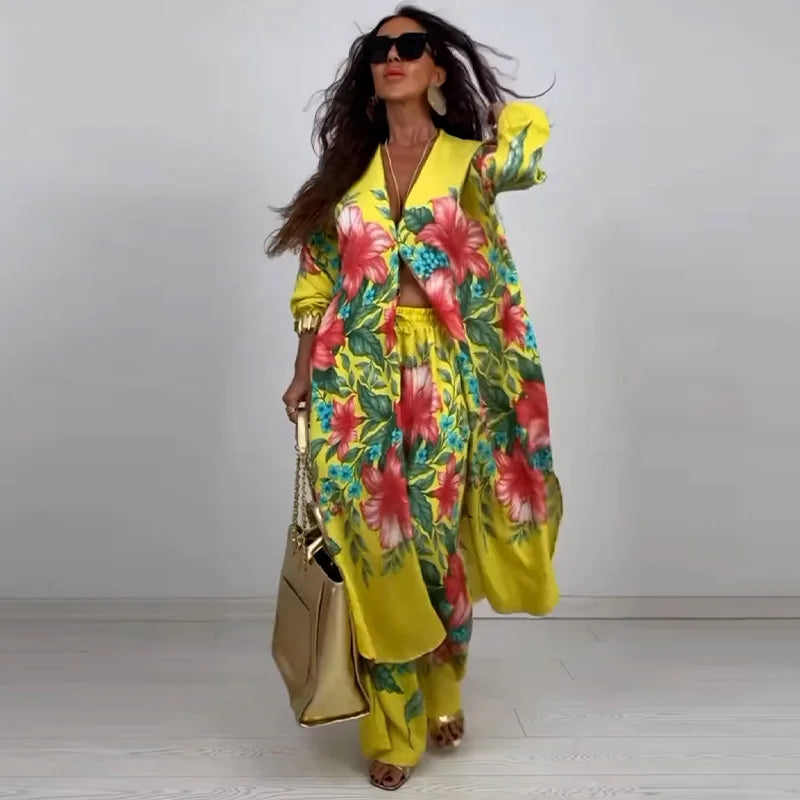 Maxy Business Casual White Tropical Print Long Sleeve Pocket Casual Wide Leg Two Piece Pant Set for Women Autumn Vintage 2 Piece Set
