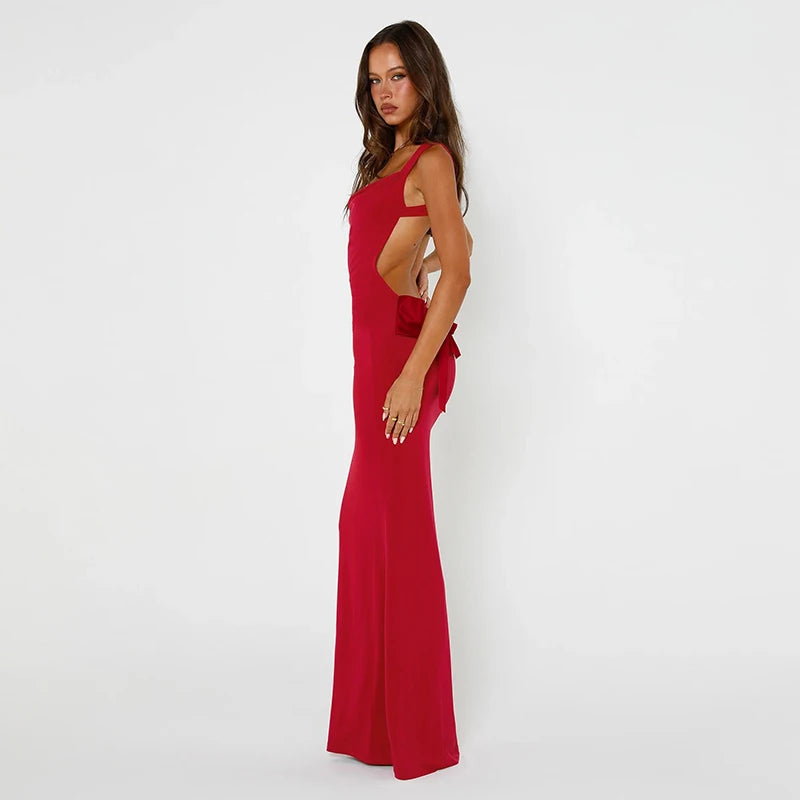 Women's Sexy Elegant Backless Butterfly Bow Maxi Bodycon Spaghetti Strap Red Dress Party Evening New Year's Eve Wedding