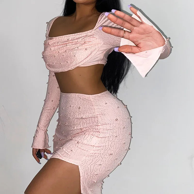 Maxy Luxury Y2k Bodycon Sexy Two-piece Set Skirt Sets Sequins Pearls Women Outfits Evening Party Gowns Chic Dresses Short Suits White