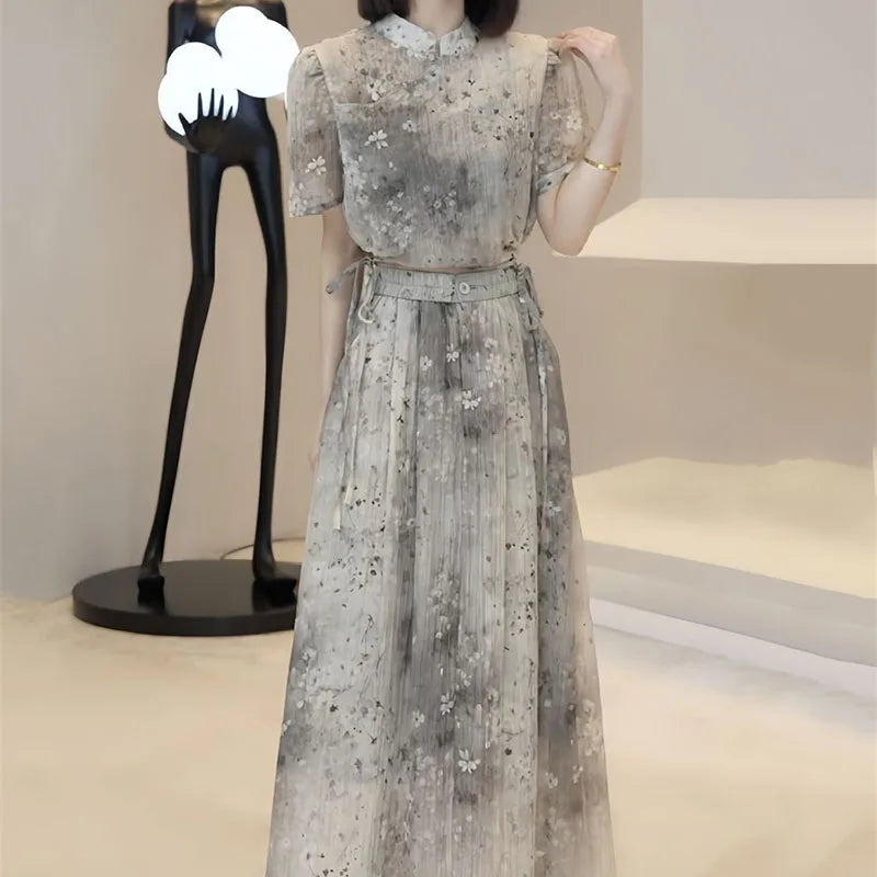 Amay Printed skirt women's summer Chinese high-quality national style printed top niche design temperament two-piece suit