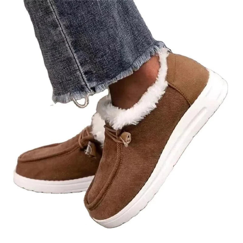 Maxy Winter Plush Loafers Women Ankle Shoes Slip-on Round Toe Flat Faux Suede Sewing Leisure Mature Casual Daily-wear Lace Plus Size
