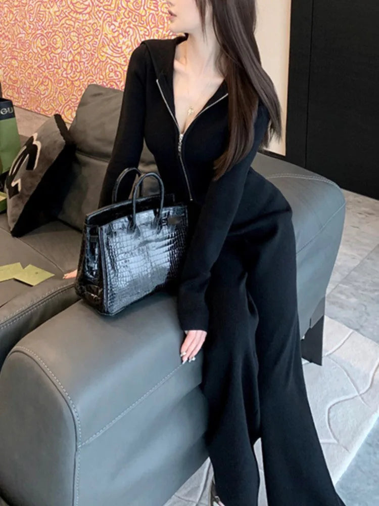 Amay Women's Knitted Tracksuits Casual Hooded Jacket & High Waist Long Pants 2 Piece Set Femme Fashion Clothing Outfit