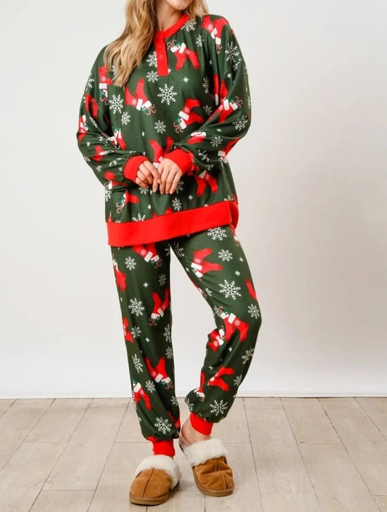 Comfortable Two Piece Set for Woman Casual Home Wear Christmas Print O-Neck Long Sleeved T-Shirt Slim Fit Pants Urban Pajama Set