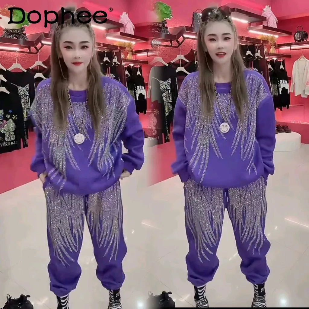 Maxy Fleece Thickened Casual Fashion Sports Suit Korean Version Hot Diamond Sweatshirts and Harlan Pants Two-piece Sets Women Outfits