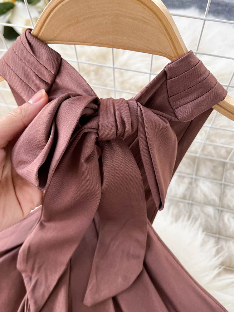 Maxy Summer Sexy Beach Two Piece Set Women Cross Necked Crop Top Split Mid Length Wrap Skirt Boho Brown Suits