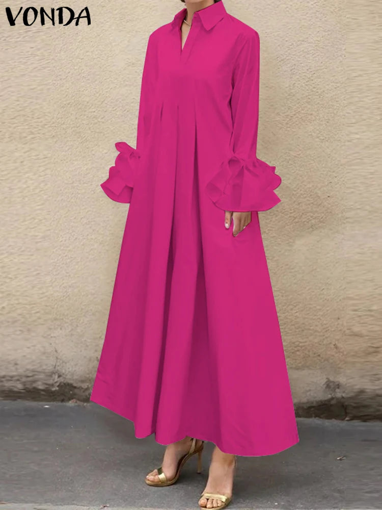 Maxy Plus Size 5XL VONDA Women Elegant Shirt Dress Ruffle Pleated Maxy Long Dress Casual Loose Solid Sundress Long Sleeve Robe