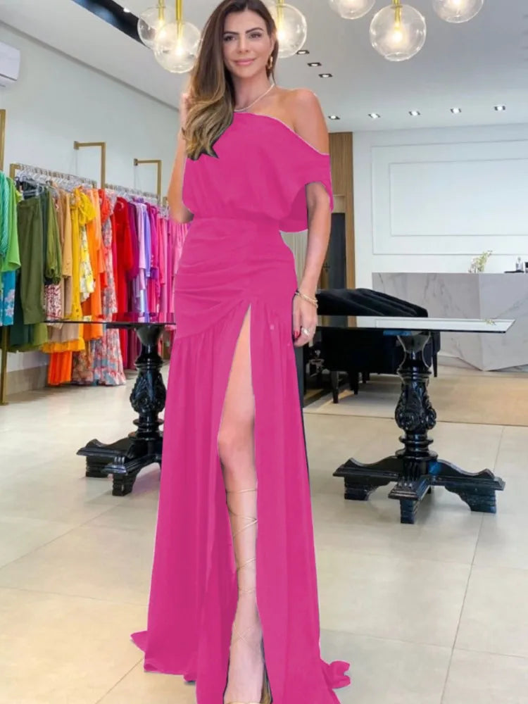 Maxy Elegant Women's Red Black Off Shoulder Party Maxy Dress Summer Sexy One-line Neck Raglan Sleeve Slit Holiday Dresses Robe