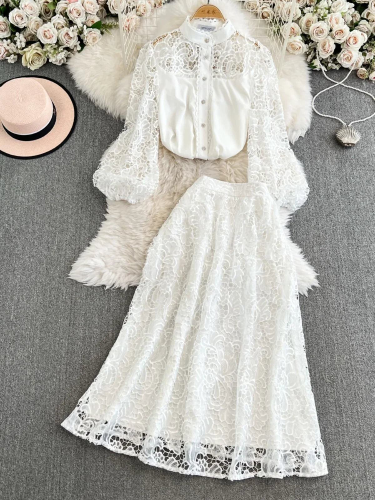 Maxy French Style Suit for Women's Fashion with Hollowed Out Hook Flower Lace Lng Sleeves Shirt+high Waisted A-line Skirt