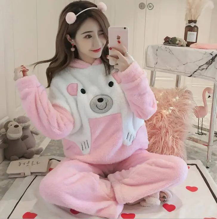 Winter Thick Warm Flannel Pajamas Sets For Women Sleepwear Pajama Homewear Pyjamas Set Cartoon Cute Warm Hooded Rabbit Gowns