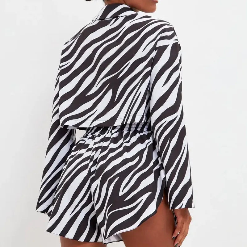 Maxy Fashion Striped Short Long-sleeved Shirts and Shorts Two Piece Sets Womens Outifits