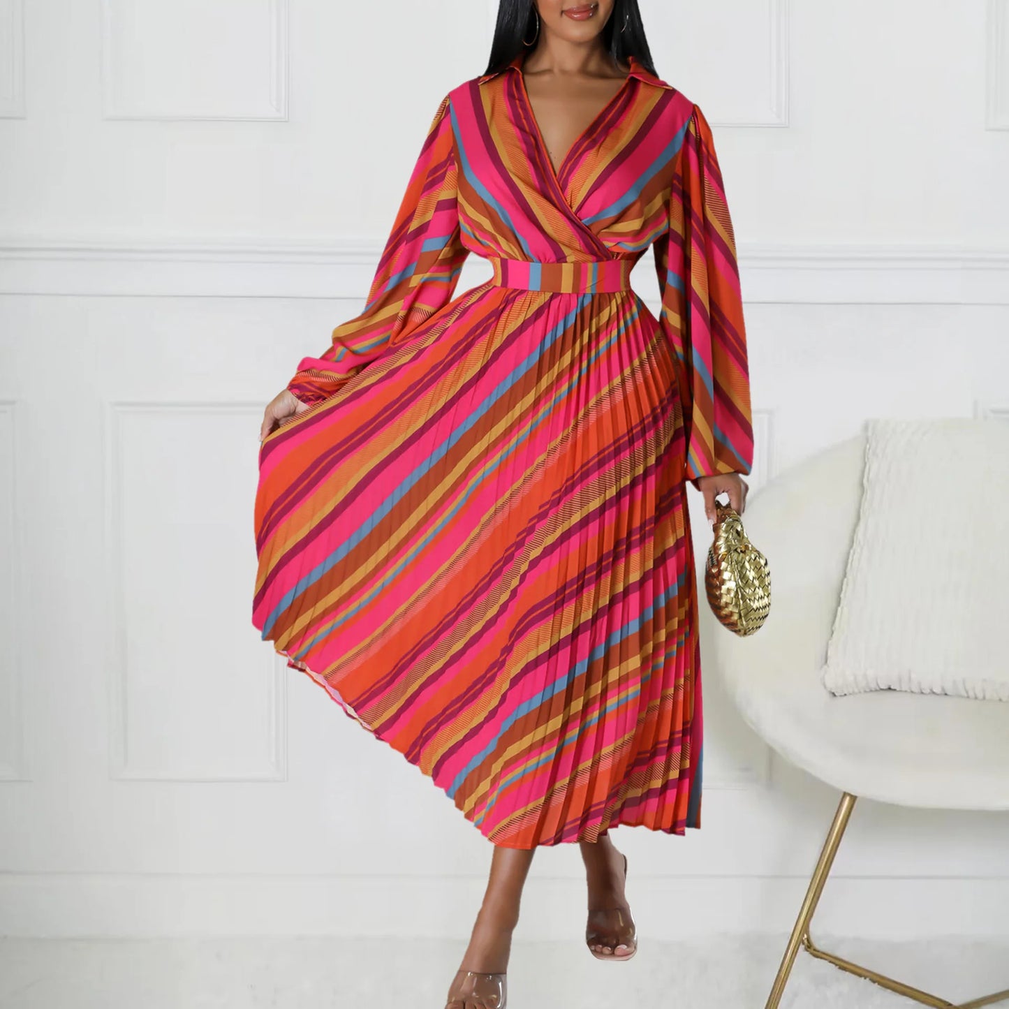 Women Printed Dress Pleated V Neck Long Lantern Sleeves Midi Length Female Gowns Elegant Modest African Office Ladies Work Wear