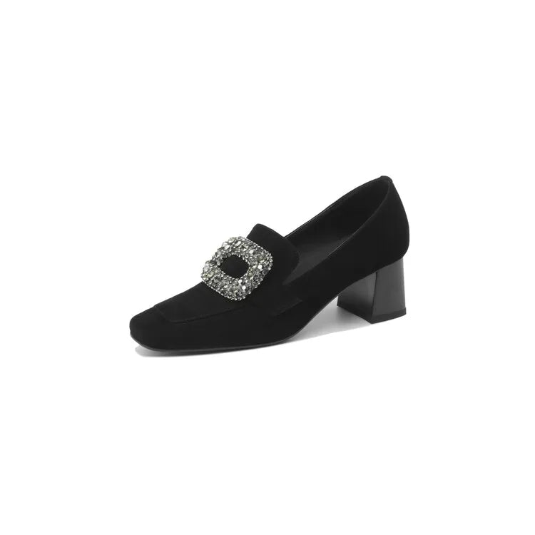 Maxy New Autumn Sheep Suede Loafers French Square Toe Chunky Heels Winter Plush Women Pumps Shoes for Women Zaptos De Mujer