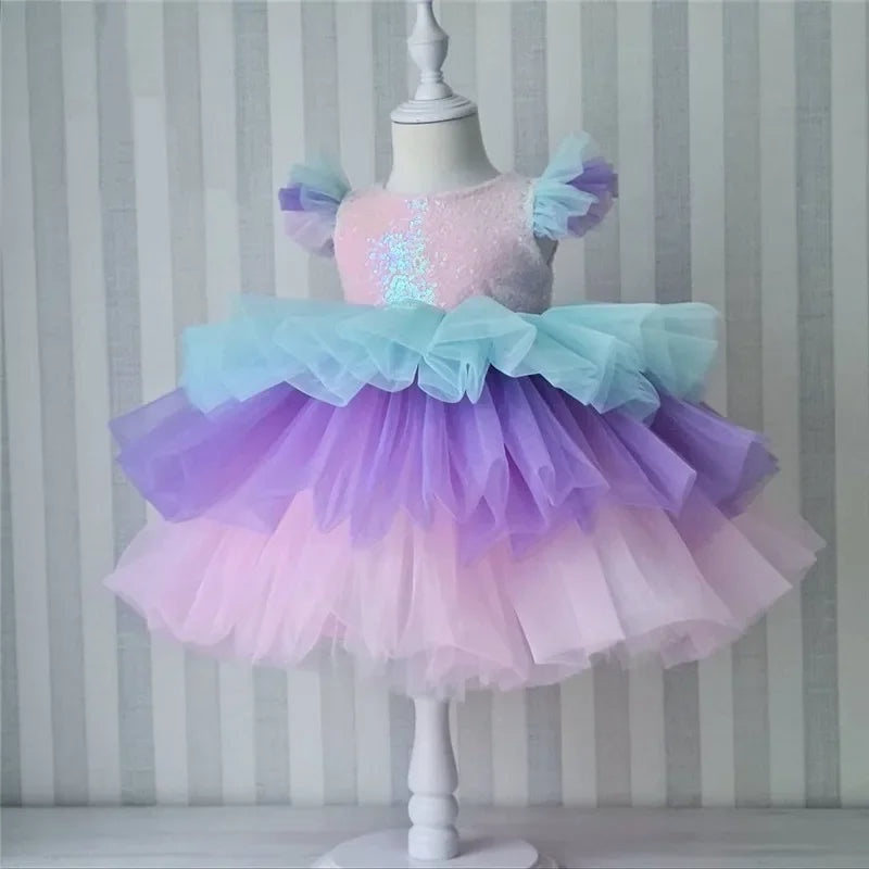 Maxy Girls Rainbow Tulle Dresses Kids Wedding Tutu Layers Cake Princess Elegant Party Prom Dress Children Communion Evening Clothes