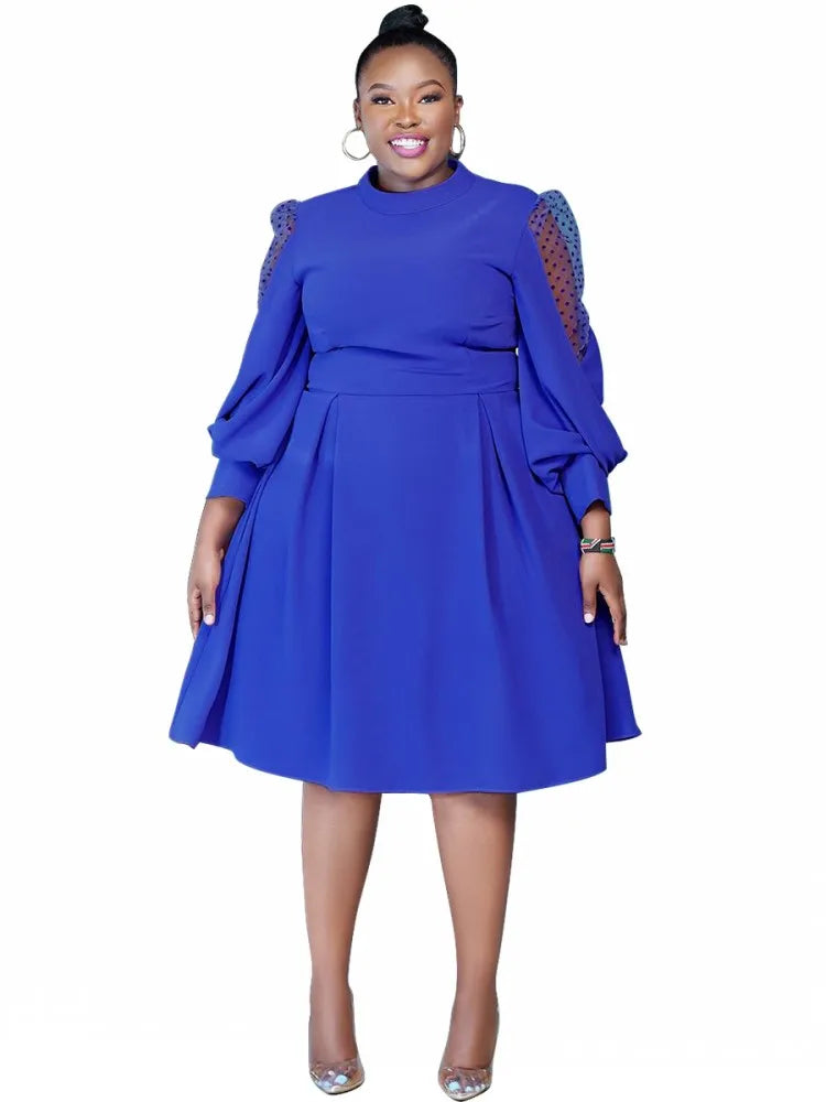 Maxy XL-5XL Plus Size Elegant Midi Dress Autumn Women Bohemian Dress Casual Long Sleeve Bandage Robe Blue Oversize Dress