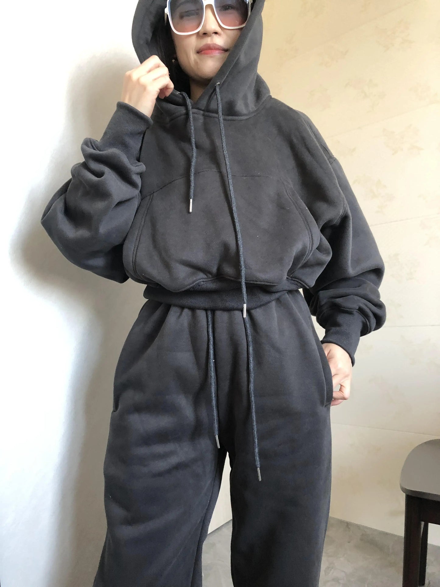 Wholesale Fleece Hoodie with Jogger Pant Sweat Suit Fall Winter 2 Piece Set Tracksuit Women Sports Outfit Two Piece Solid Casual