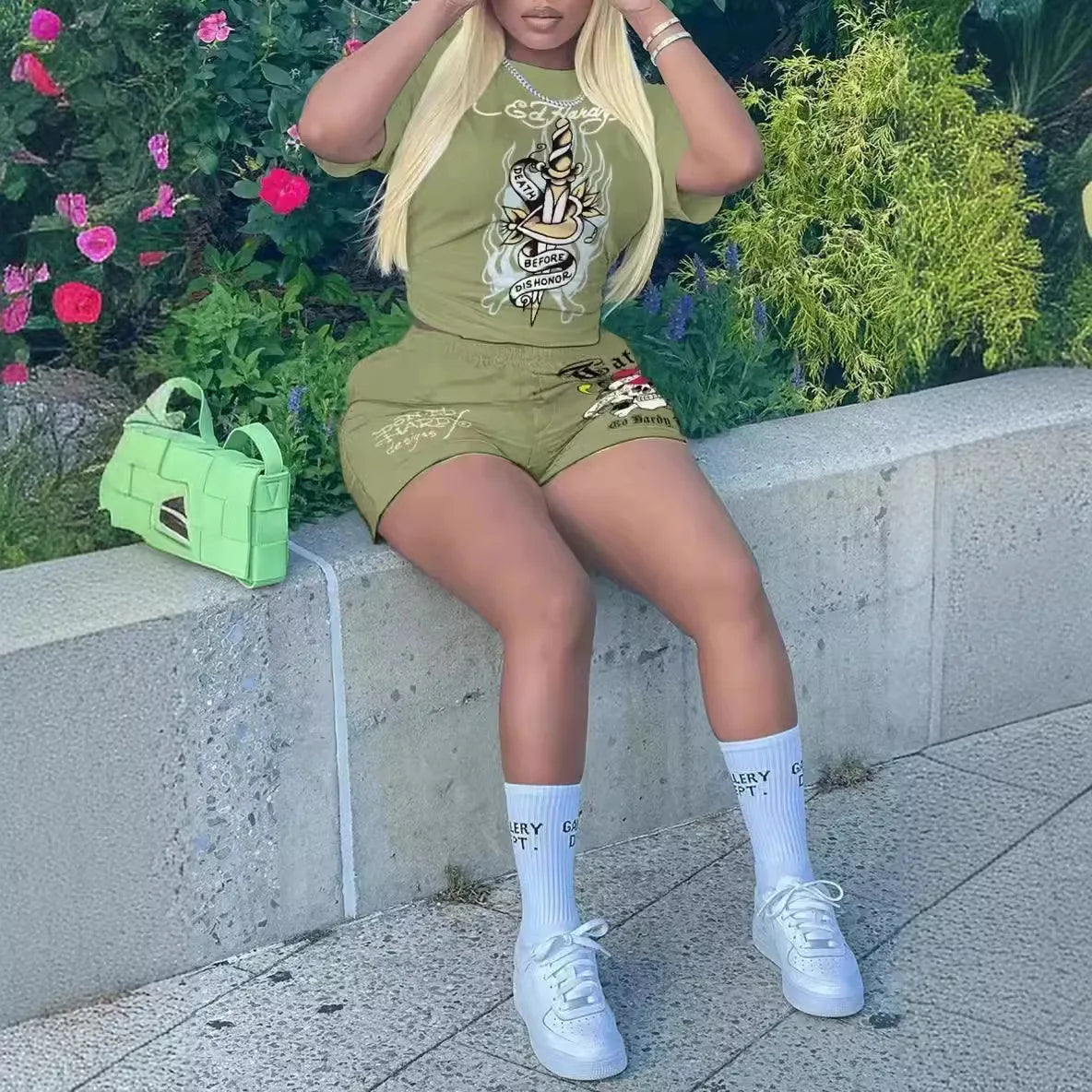 Maxy Short Sleeve Crop Tops Casual Shorts Matching Set Summer Print Fitness Workout Tracksuits 2 Piece Sets Woman Outfit
