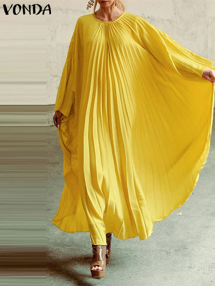 Maxy Plus Size Women Solid Color Maxy Dress VONDA Casual Oversize Round Neck Elegant Vestidos Long Sleeve Robe Ruffles Sundress