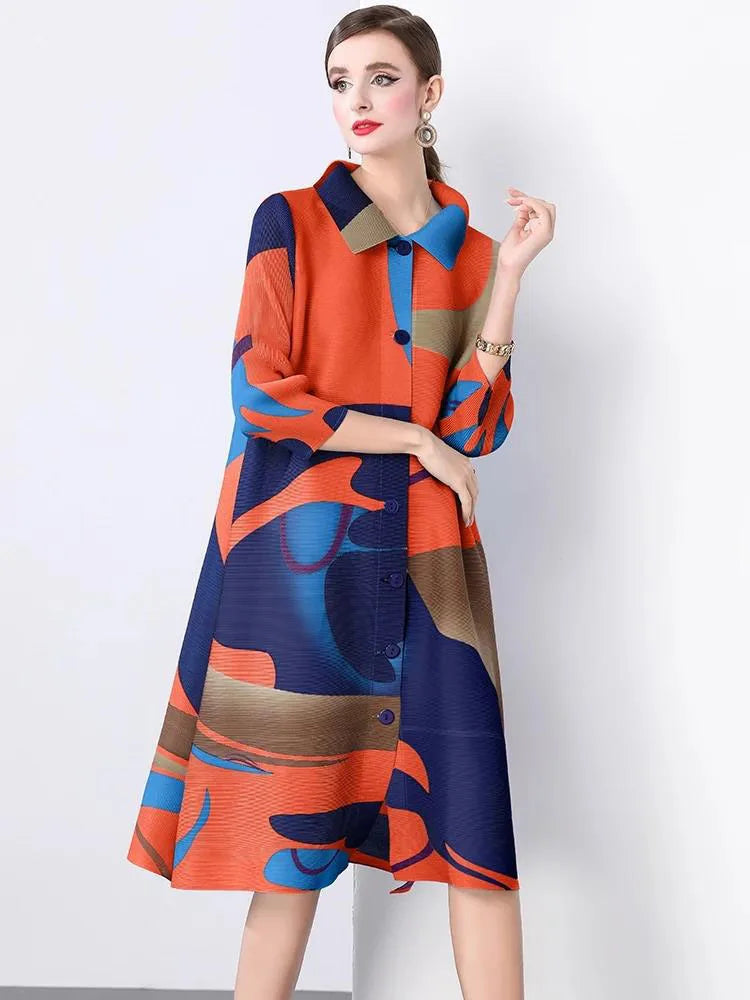 Maxy Women's Single Breasted High Stretch Oversized Pleated Shirt Dress Spring Fashion Color block Miyake Draped Loose Party Clothing