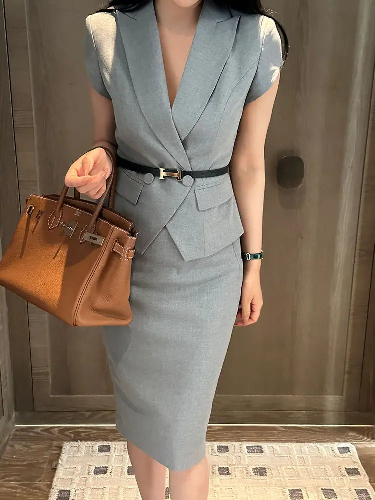 Amay Suit skirt women's summer new professional dress slim fashion short sleeve suit slim skirt two-piece suit