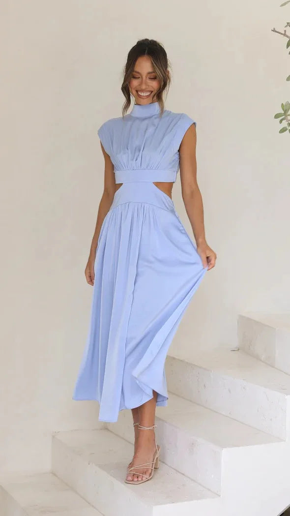 Maxy Summer Solid Color Sleeveless Dresses Women Temperament Elegant Stand Collar Hollow Out A-line Long Dress Ladies Trendy Vestidos