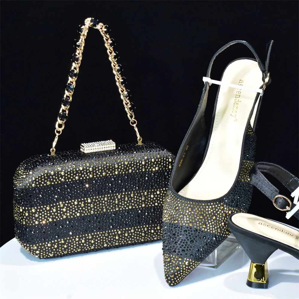 Maxy beautiful hot sell Shoes And Bag Sets for Evening Party with Stones Leather Handbags Match Bags!