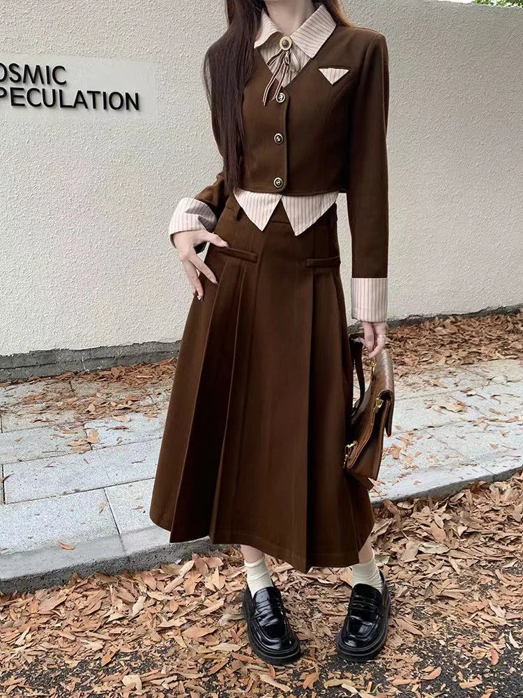 vintage women two piece sets casual single breasted short shirt jackets coats tops elegant high waist loose long skirt conjunto