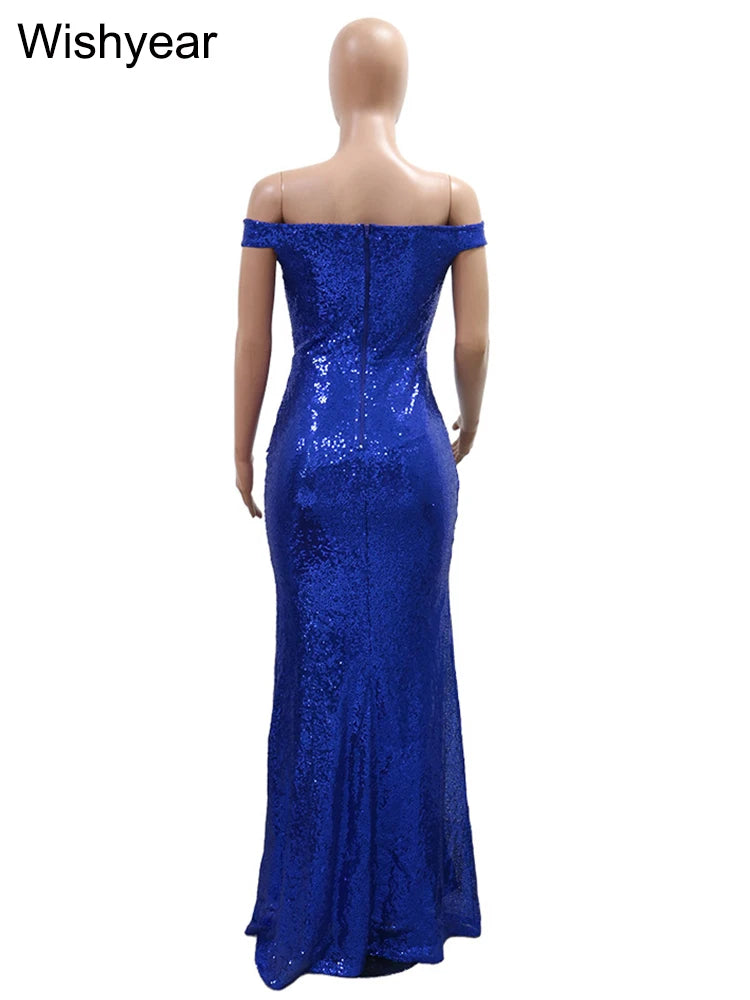 New Elegant Off The Shoulder Slash Neck Slit Evening Party Dress Women Luxury Sequin Patchwork  Birthday Prom Night Wedding Robe