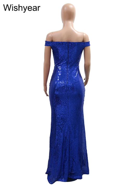 New Elegant Off The Shoulder Slash Neck Slit Evening Party Dress Women Luxury Sequin Patchwork  Birthday Prom Night Wedding Robe