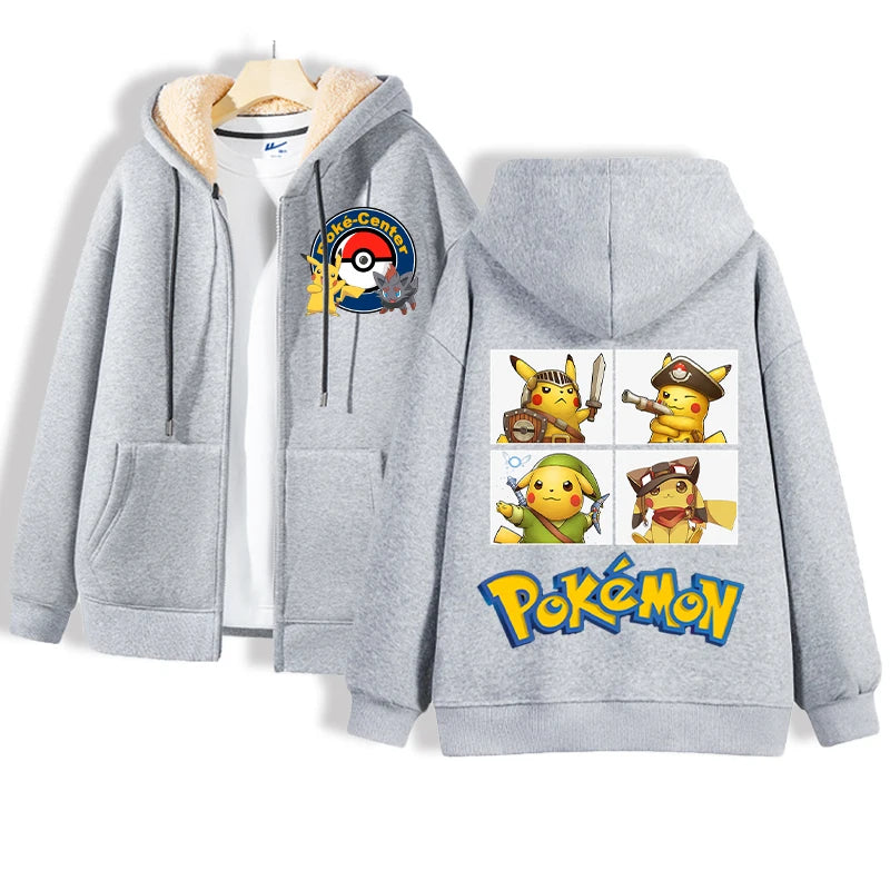 Maxy Pokémon Lamb Wool Coat for Men Women Pikachu Anime Cartoon Fashion Zipper Hooded Jacket Boys Girls Winter Warm Hip Hop Coats