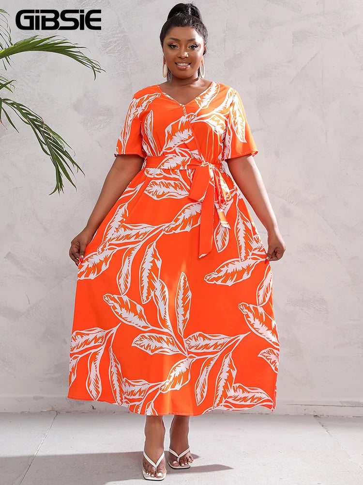 Gacy Plus Size V Neck Floral Print Boho Dress Women Summer Short Sleeve Maxy Dresses Holiday A-line Female Belted Dress