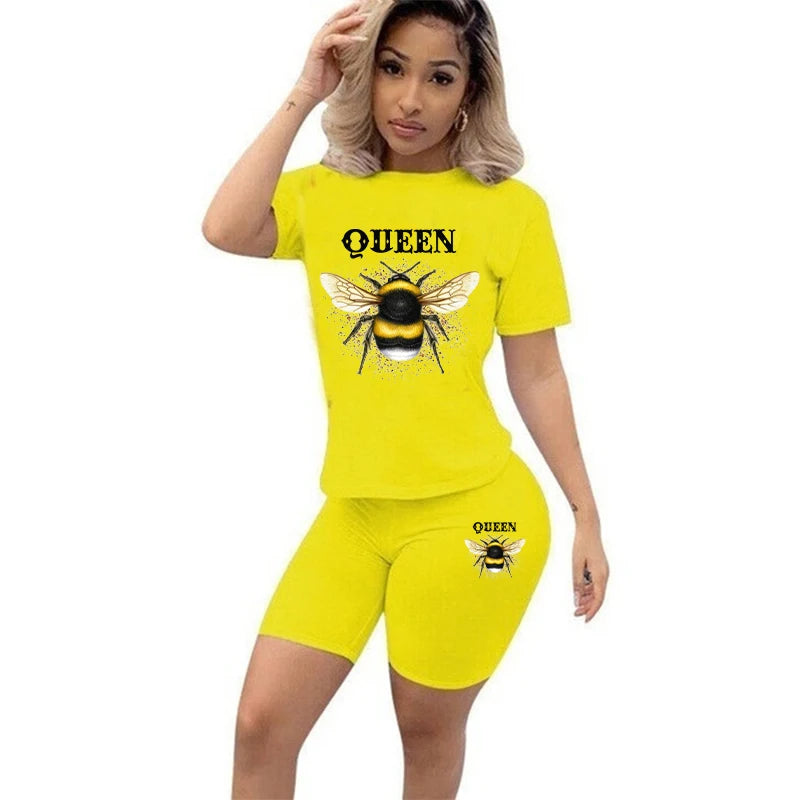 Zay Women Two Piece Set Summer Short Sleeve O-Neck Tee Tops Pencil Shorts Suits Tracksuits Outfit Graphic T Shirts Jogging Suits