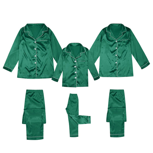 New Year Christmas Family Satin Silk Button Down Pajamas PJ's Sets Solid Two Piece Family Matching Sleepwear Elegant Loungewear